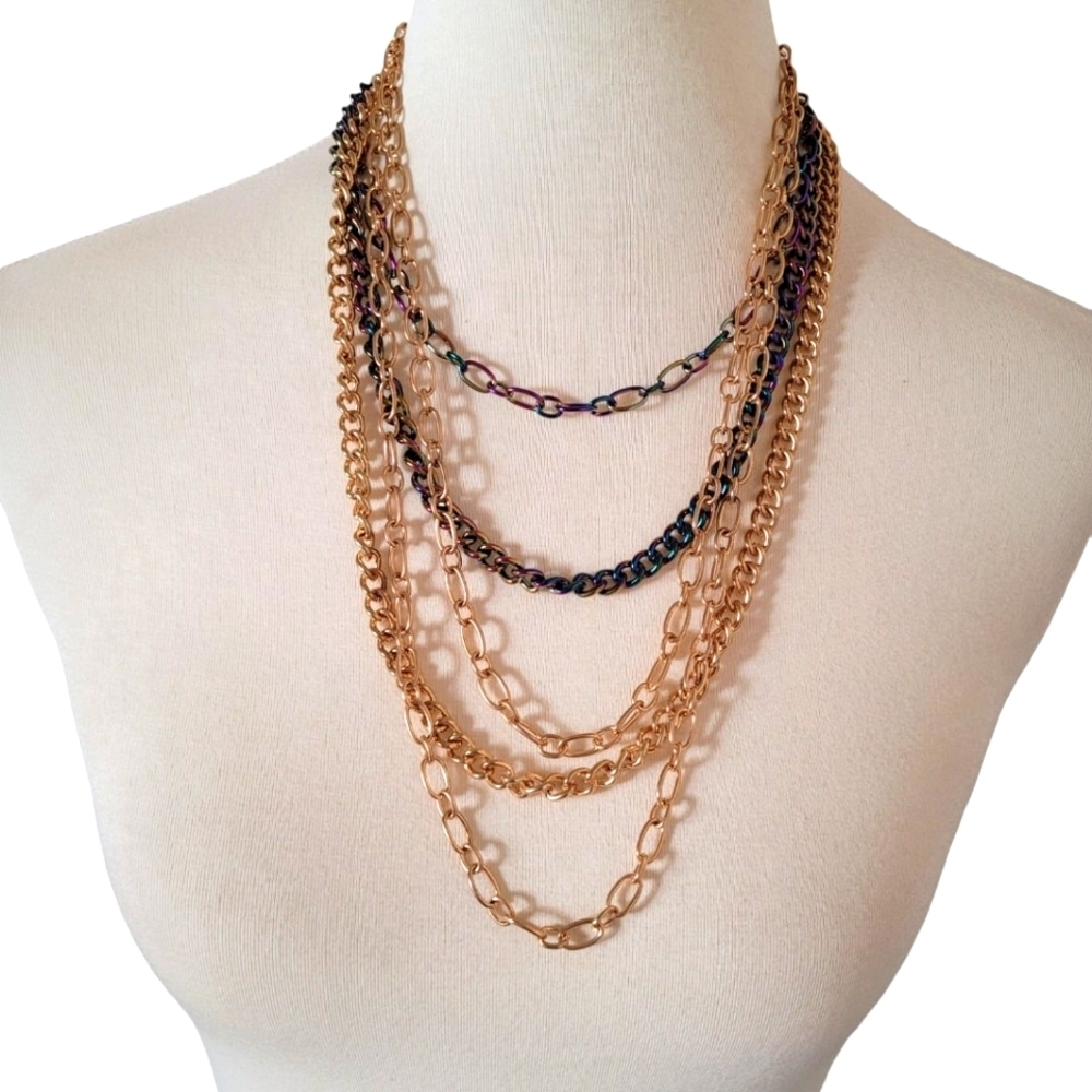 Bebe Mutli Strand‎ Gold and Iridescent Gunmetal Chain Statement Necklace